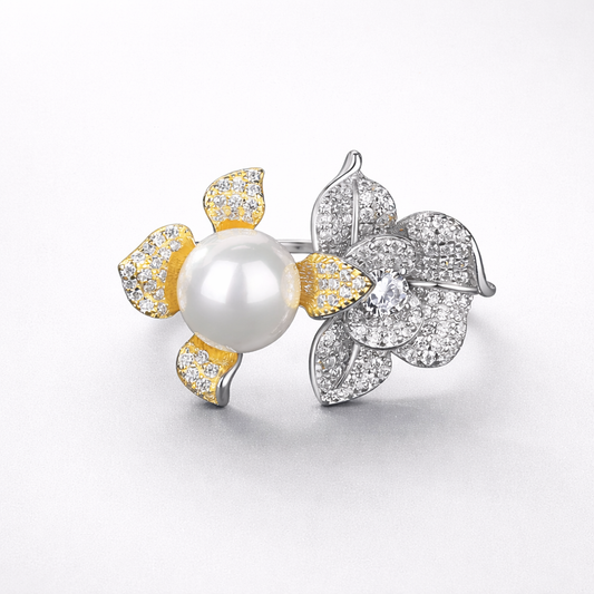 Pearl Floral Ring in 925 Sterling Silver with 18K Gold Accents