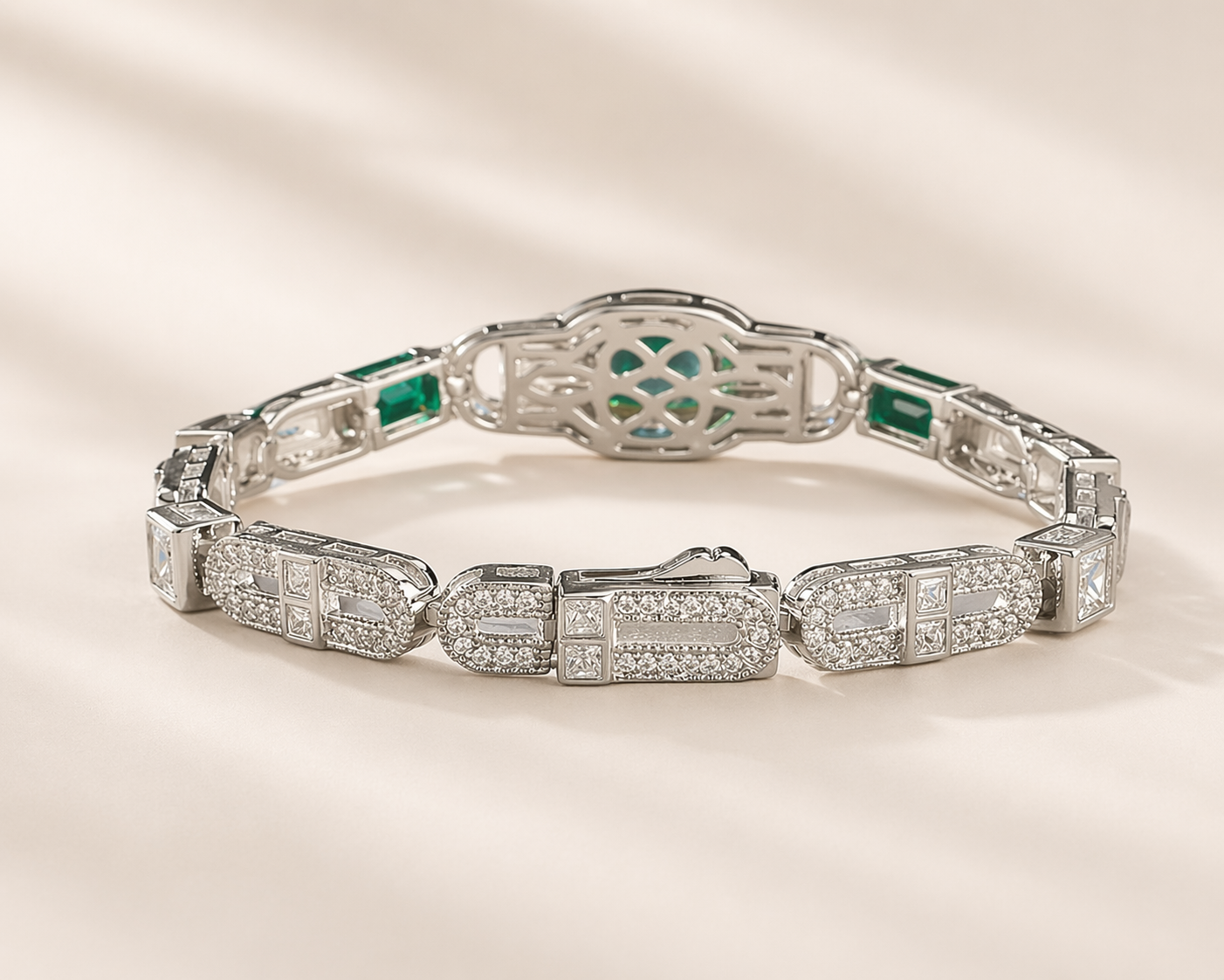 Emerald Link Bracelet 925 Sterling Silver Green Zircon