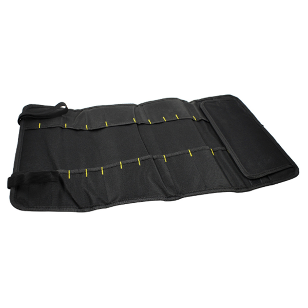 Black roll-up tool organizer; tools not included