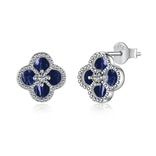 Spring Clover Radiance — 925 Sterling Silver Black Agate Stud Earrings