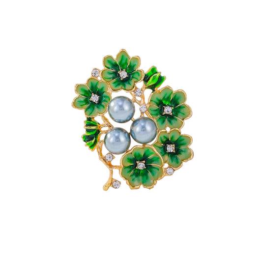 Enamel Flower Brooch Gold Tone with Pearl
