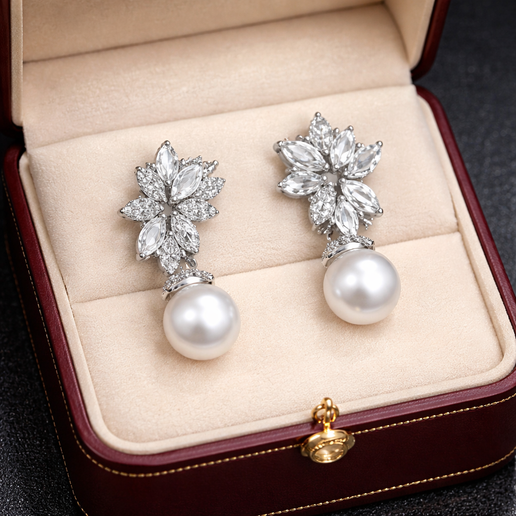 925 Sterling Silver Pearl Flower Drop Earrings – Elegant Bridal Jewelry