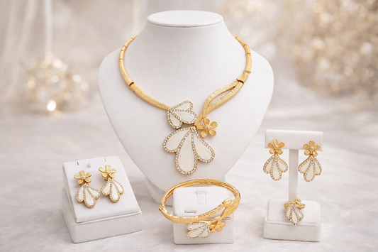 Gold Flower Jewelry Set with Crystals – Necklace, Earrings & Bracelet for Wedding & Party