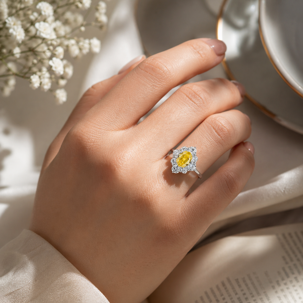 Yellow Zircon Ring 925 Sterling Silver Oval Halo