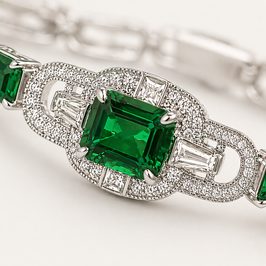 Emerald Link Bracelet 925 Sterling Silver Green Zircon