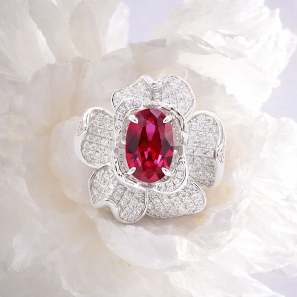 Royal Bloom — Oval Ruby Flower Ring 925 Sterling Silver Rhodium Plated
