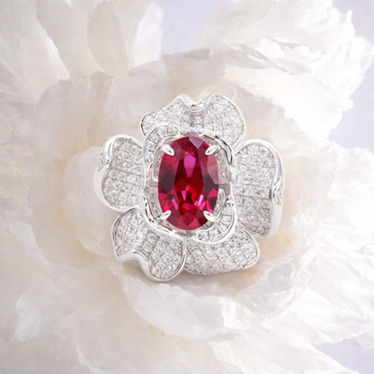 Royal Bloom — Oval Ruby Flower Ring 925 Sterling Silver Rhodium Plated