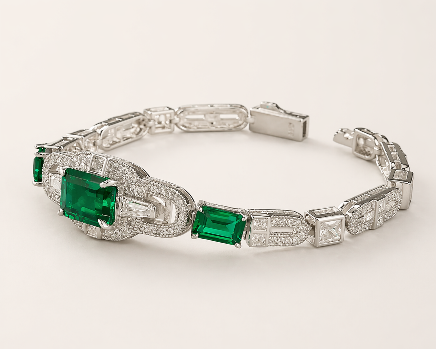 Emerald Link Bracelet 925 Sterling Silver Green Zircon