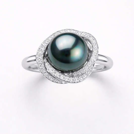 Black Seawater Pearl Diamond Ring in 925 Sterling Silver