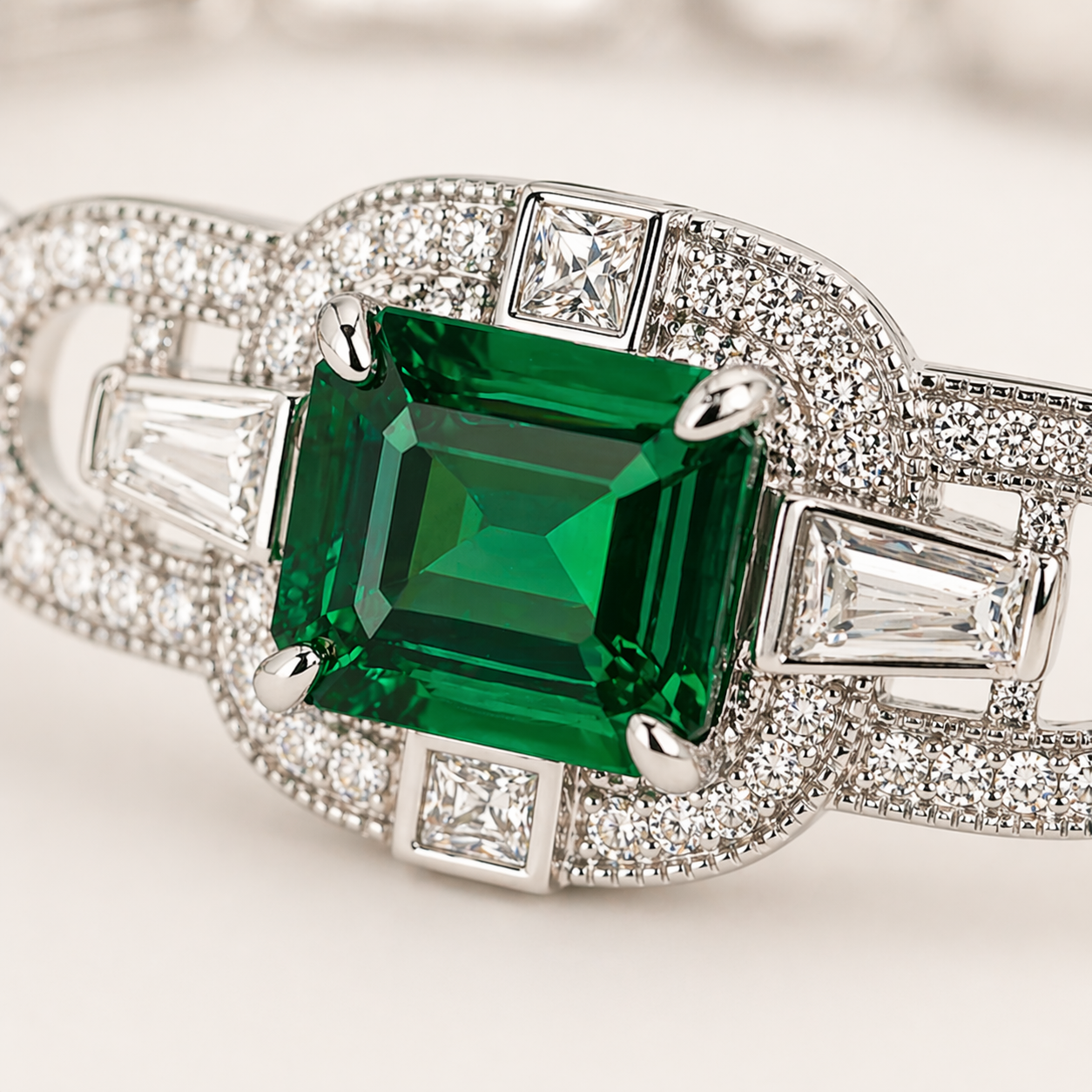 Emerald Link Bracelet 925 Sterling Silver Green Zircon