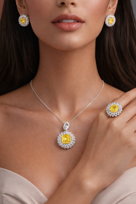 Yellow Moissanite Earing's 7x7mm Cushion Cut Halo – 925 Sterling Silver | Éclat Soleil™