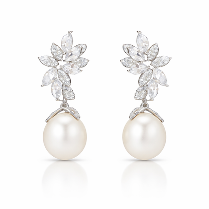 925 Sterling Silver Pearl Flower Drop Earrings – Elegant Bridal Jewelry
