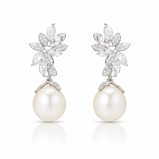 925 Sterling Silver Pearl Flower Drop Earrings – Elegant Bridal Jewelry