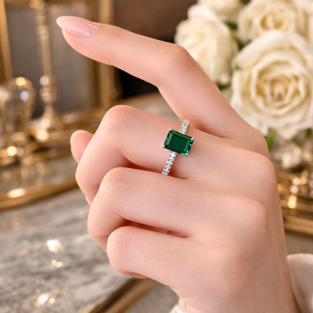 VELORÉ Émeraude Ring – Emerald Cut Zircon in Sterling Silver