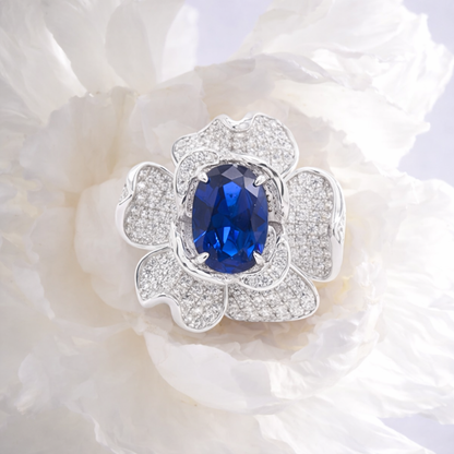 Royal Bloom — Oval Ruby Flower Ring 925 Sterling Silver Rhodium Plated