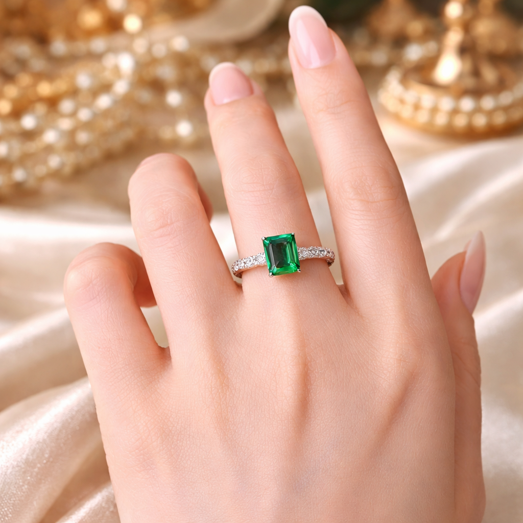 VELORÉ Émeraude Ring – Emerald Cut Zircon in Sterling Silver