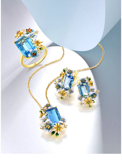 Blue Floral Jewelry Set 925 Sterling Silver – Emerald Cut Glass & CZ