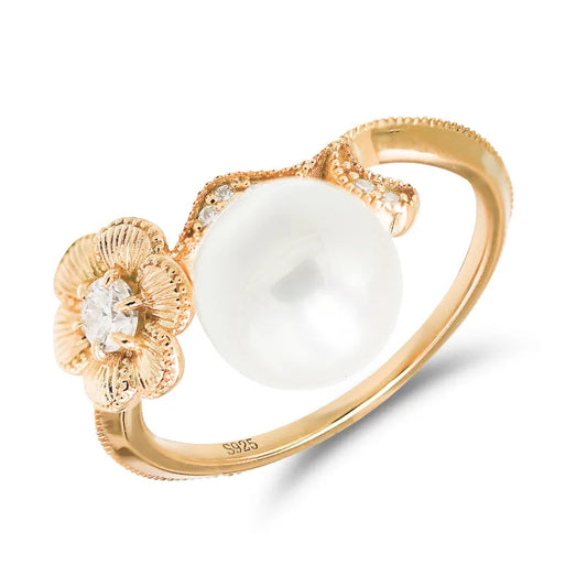 Spring Reverie — Pearl & Moissanite Ring (925 Silver, Gold Plated)