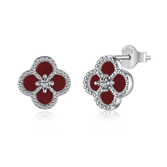Spring Clover Radiance — 925 Sterling Silver Black Agate Stud Earrings
