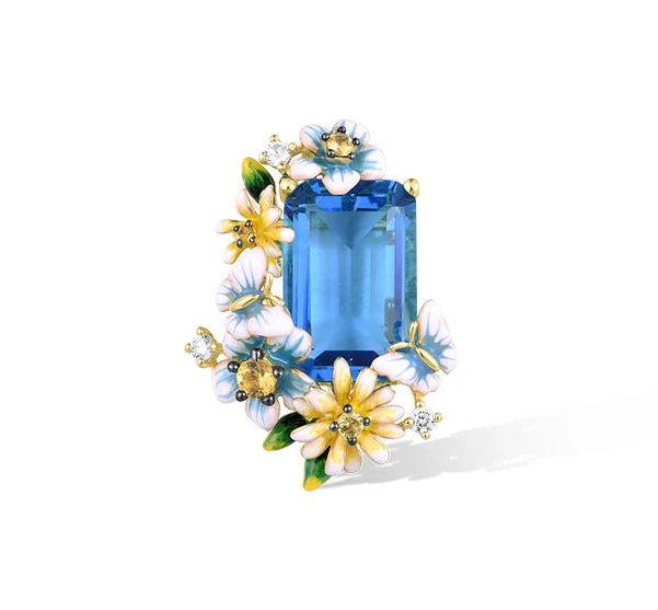 Blue Floral Jewelry Set 925 Sterling Silver – Emerald Cut Glass & CZ