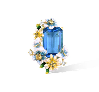 Blue Floral Jewelry Set 925 Sterling Silver – Emerald Cut Glass & CZ