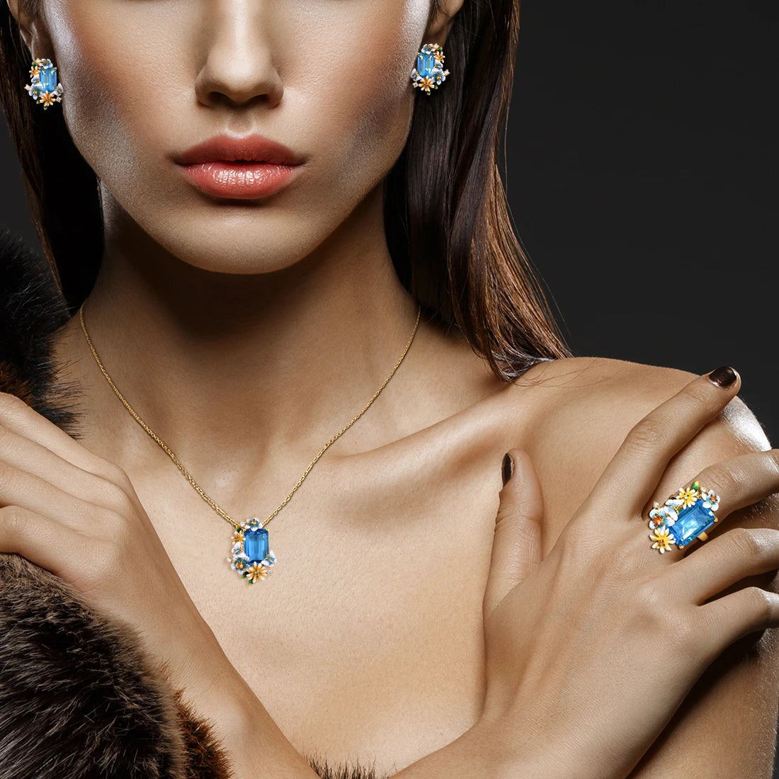 Blue Floral Jewelry Set 925 Sterling Silver – Emerald Cut Glass & CZ