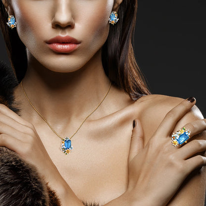 Blue Floral Jewelry Set 925 Sterling Silver – Emerald Cut Glass & CZ