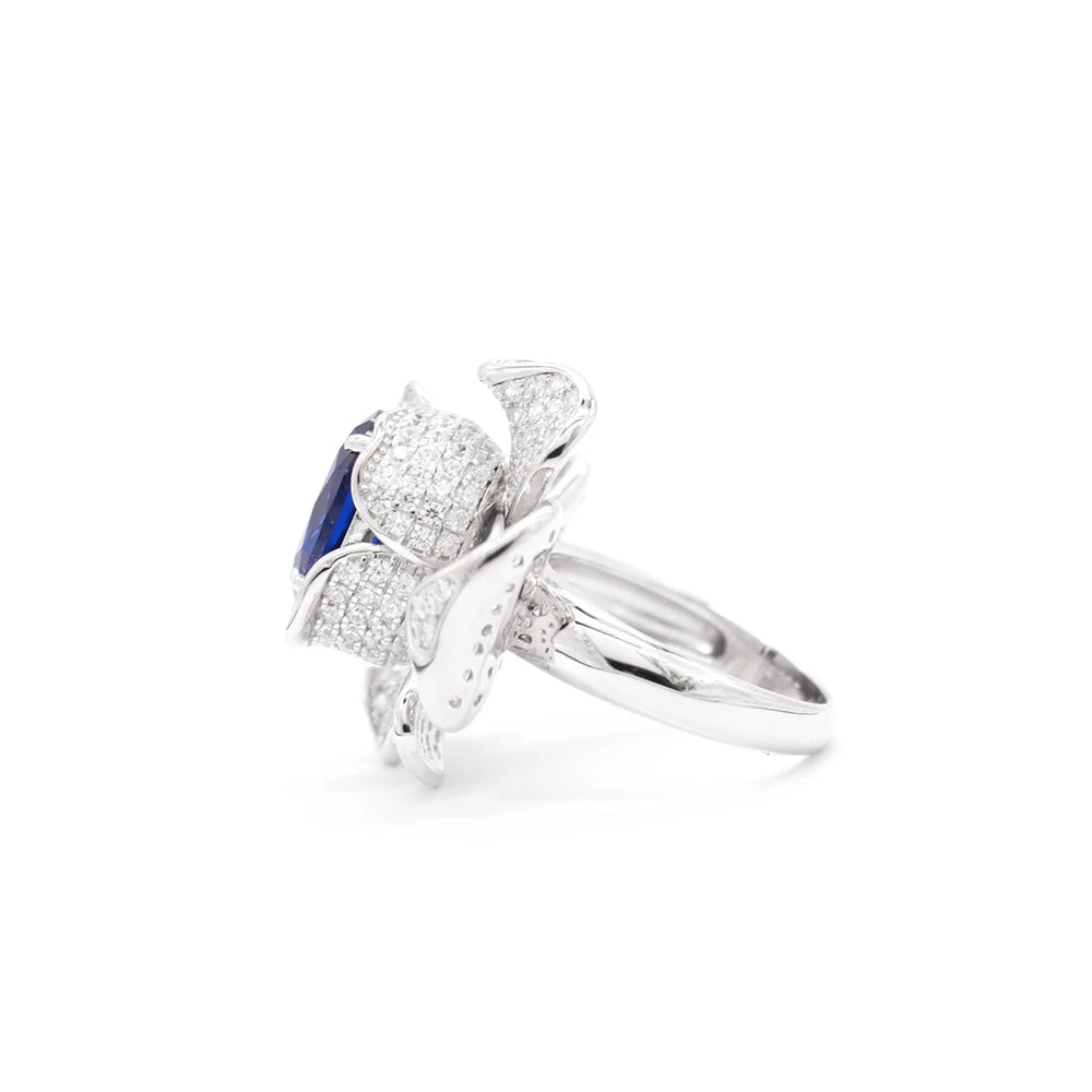 Royal Bloom — Oval Ruby Flower Ring 925 Sterling Silver Rhodium Plated