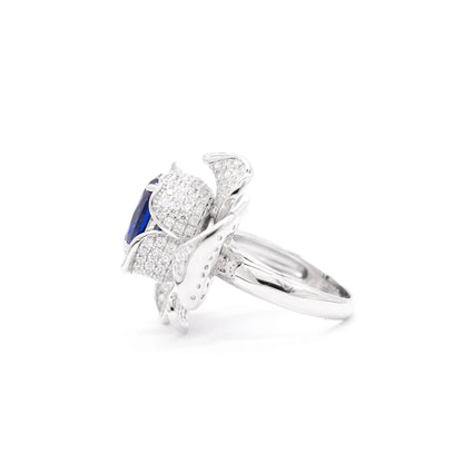 Royal Bloom — Oval Ruby Flower Ring 925 Sterling Silver Rhodium Plated