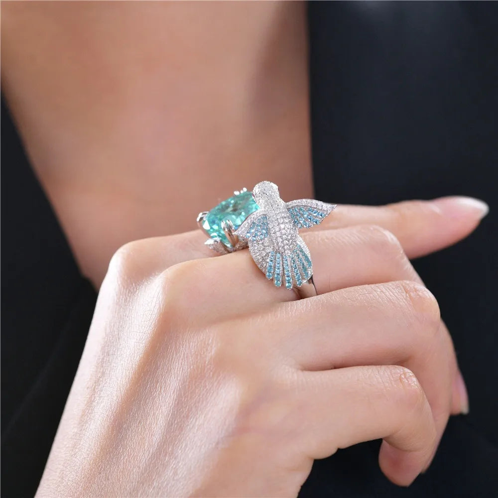 Paraiba Green Zirconia Bird Ring in 925 Sterling Silver