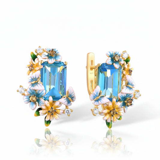 Blue Floral Jewelry Set 925 Sterling Silver – Emerald Cut Glass & CZ