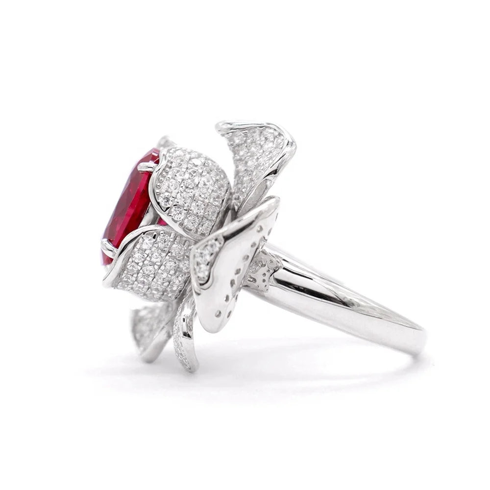Royal Bloom — Oval Ruby Flower Ring 925 Sterling Silver Rhodium Plated