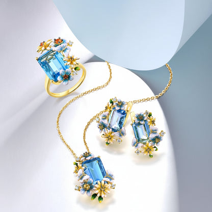 Blue Floral Jewelry Set 925 Sterling Silver – Emerald Cut Glass & CZ