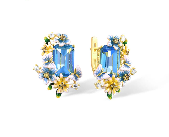 Blue Floral Jewelry Set 925 Sterling Silver – Emerald Cut Glass & CZ