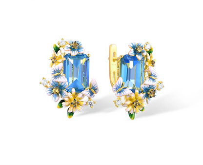 Blue Floral Jewelry Set 925 Sterling Silver – Emerald Cut Glass & CZ