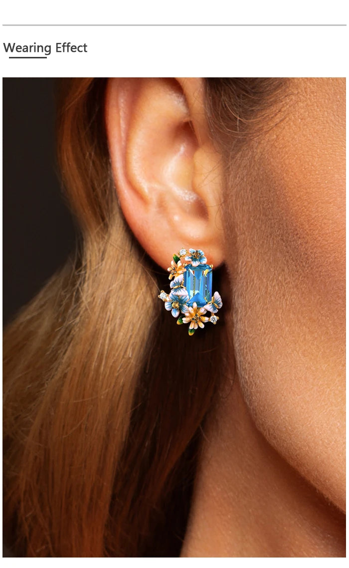 Blue Floral Jewelry Set 925 Sterling Silver – Emerald Cut Glass & CZ