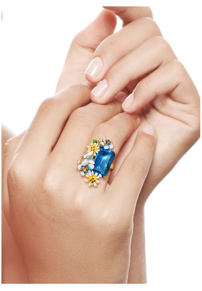 Blue Floral Jewelry Set 925 Sterling Silver – Emerald Cut Glass & CZ