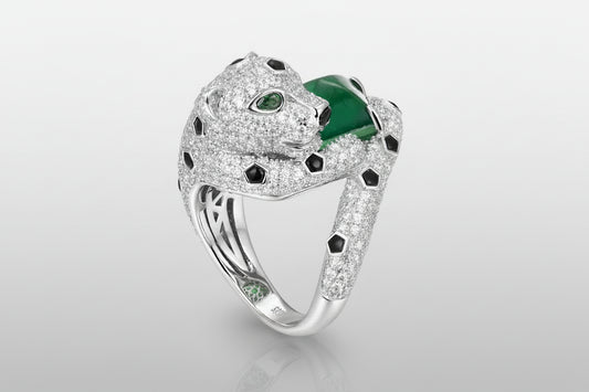 Panther Ring in 925 Sterling Silver, Green Agate and Pavé Zirconia Signature
