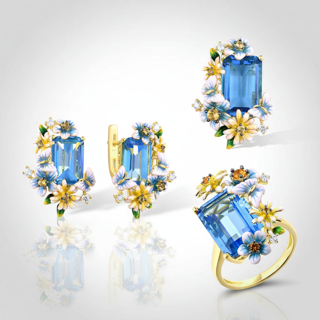 Blue Floral Jewelry Set 925 Sterling Silver – Emerald Cut Glass & CZ