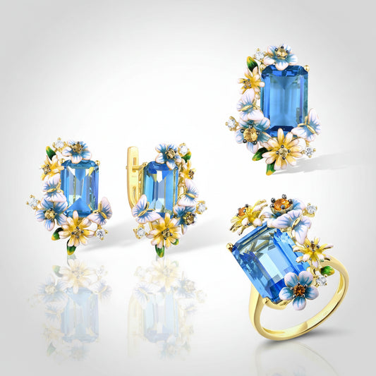 Blue Floral Jewelry Set 925 Sterling Silver – Emerald Cut Glass & CZ