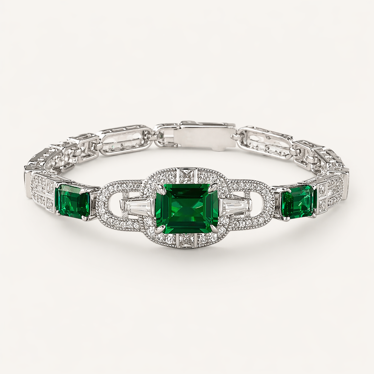 Emerald Link Bracelet 925 Sterling Silver Green Zircon