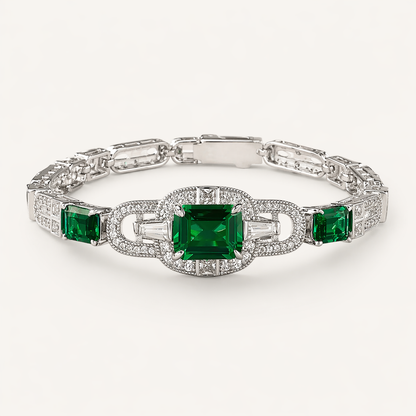 Emerald Link Bracelet 925 Sterling Silver Green Zircon