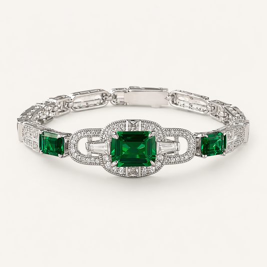 Emerald Link Bracelet 925 Sterling Silver Green Zircon