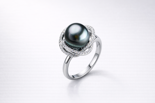 Black Seawater Pearl Diamond Ring in 925 Sterling Silver
