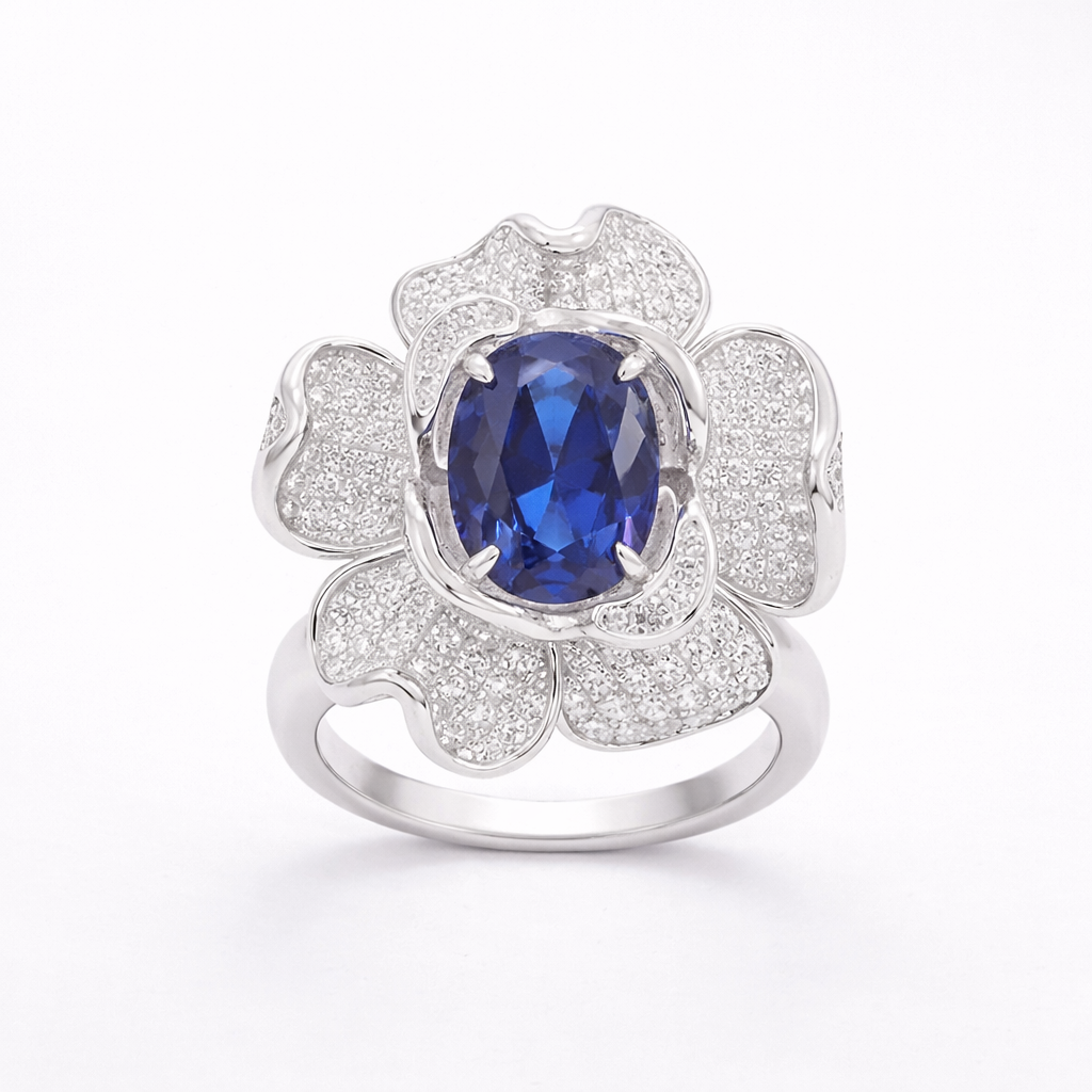 Royal Bloom — Oval Ruby Flower Ring 925 Sterling Silver Rhodium Plated