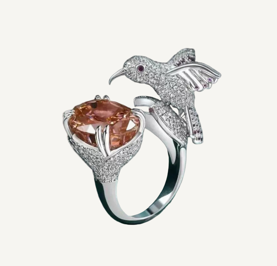 Elegant Bird Ring with Warm Peach Zirconia