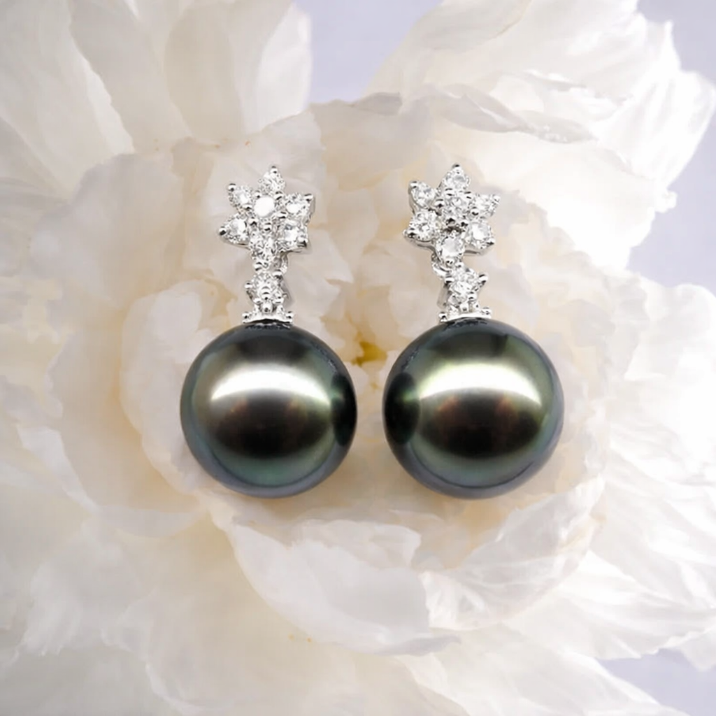 Noir Lumière – Black Pearl Drop Earrings with Crystal Blossom