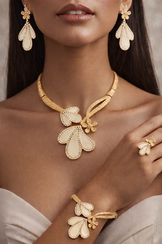 Gold Flower Jewelry Set with Crystals – Necklace, Earrings & Bracelet for Wedding & Party