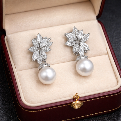 925 Sterling Silver Pearl Flower Drop Earrings – Elegant Bridal Jewelry