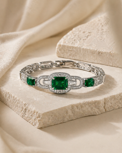 Emerald Link Bracelet 925 Sterling Silver Green Zircon